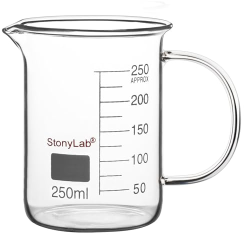 stonylab Bägare i Glas med Handtag, Graderad Griffin-Bägare i Borosilikatglas med Låg Form, Handtag och Pipgörning, 250 ml