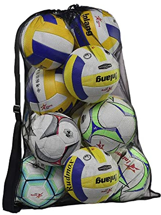 Rudmox Heavy Duty Mesh Ball Bag, Drawstring Sport Equipment Storage Bag for Basketball, Soccer, Sports Beach and Swimming Gears with Adjustable Shoulder Strap Outdoor Organizer (Black-L)