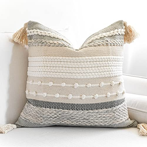 BlissBlush Bluish Gray & Cream Boho Throw Pillow Case, Decorative Woven Textured Pillow Cover, Sofa Couch Pillow Cover with Tassels