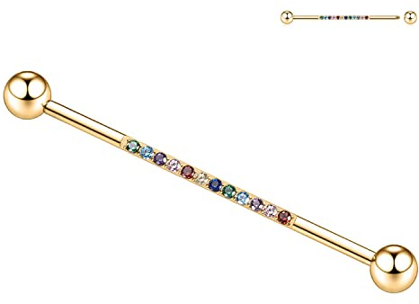 hengkaixuan 14G industripiercing, smycken, kirurgiskt stål, industriell, barbell, 38 mm lång ställningsstång, industriell bar med CZ stenlagd brosk örhänge helix barbell för kvinnor män, 14G, Metall