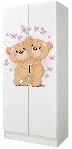 leomark Armario Blanco Roma 2 Puertas para Dormitorio Infantil Juvenil o Recibidor, con Estantes y Espacio para Colgar Ropa, Diseño Moderno, Mueble de Madera MDF 70x42,5x161,5 cm(Lindos Osos)