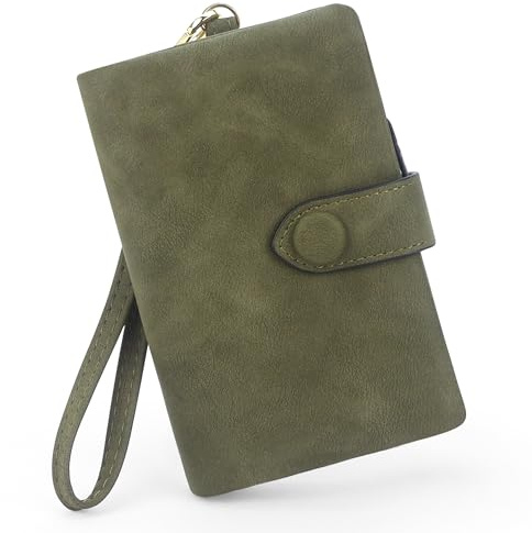 SNCCJ RFID Wallets for Women, Large Capacity Faux Suede Leather Small Womens Wallet with Wristlet (Olive Green)
