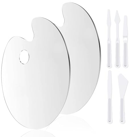 Rybtd Malpalette Klare Acryl 2 Stück Mischpalette Acrylfarben groß 20 cm × 30 cm Schutzpapier+5 Stück Kunststoff Malmesser Malspachtel Set für DIY Kunsthandwerk Malerei(Oval)
