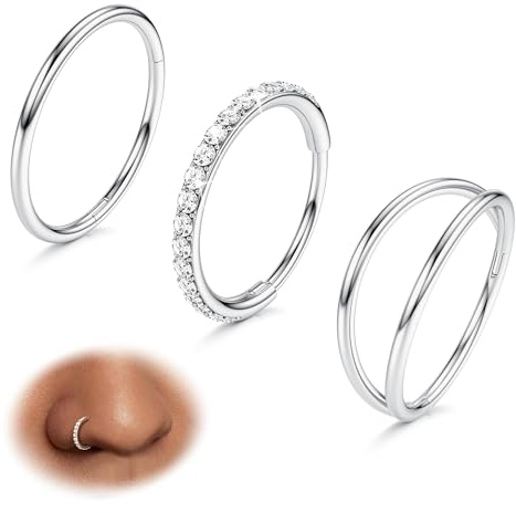 Diamday 3pcs Nose Rings Hoop 316L Surgical Steel Double Hoop Nose Rings 20G Hinged CZ Conch Piercing Jewelry Septum Clicker Lip Rings Cartilage Earring Helix Rook Tragus Daith Silver 8mm