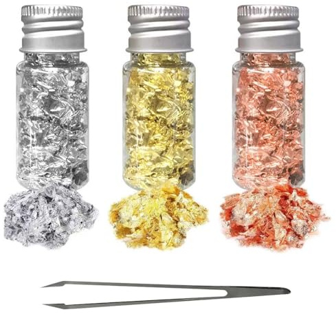 3 Bottles Gold Leaf Flakes – Gold, Silver, and Rose Gold Foil Flakes with Tweezer for Resin Art, Crafting, Nail Painting, and Jewelry Making