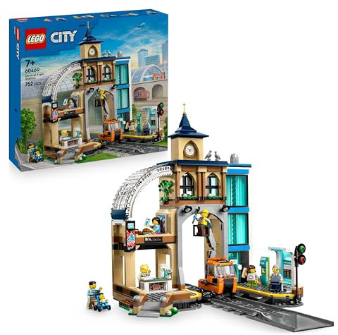 LEGO City Central Train Station Set with a Maintenance Vehicle Toy, Working Lift, Ticket Machine, 2 Platforms & a Track Piece, plus 6 Minifigures - Gift for 7+ Year Old Boys & Girls - 60469