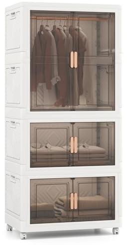 GOPLUS Caja de Almacenamiento Apilables con Tapa 421 L, Armario de Ropa Plástico de con 10 Perchas y 4 Ruedas, Cierres Magnéticos, Organizador Plegable con Ruedas Portátil para Dormitorio, Salón