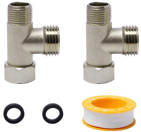 Sxutop 2 Stück 3 Wege Verbindungsventil, 3/8 1/2 Adapter T Stück Verteiler für Eckventile 3-Wege Ventil Umschaltventil 3/8 Zoll Abzweigverteiler Umstellventil mit Unterlegscheibe und Dichtungsband