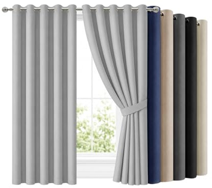 Hafaa Blackout Curtains Eyelet Light Grey Curtains, W66 x L72 Inch 2 Panels | Energy Saving Black Out Curtains for Living Room,72 Inch Drop Thermal Curtains, Home Decor 2 Panels with Tiebacks