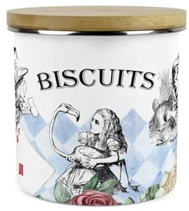 Purely Home Alice's Adventures in Wonderland Small Biscuits Canister - Hatter White Rabbit Playing Cards Gifts - 1.2L Enamel Kitchen Food Storage Container