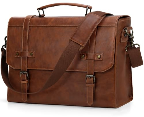 RAINSMORE Bolso Hombre Bandolera Maletin Portatil 18 Pulgadas Maletín Ordenado Cuero PU Bolsa de Mensajero Impermeable Maletín de Trabajo Ejecutivo Negocios Marrón