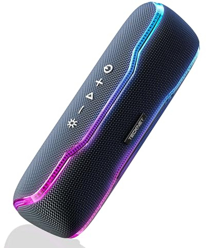 TECKNET Bluetooth Lautsprecher mit Licht, IPX7 Musikbox Kabellos Bluetooth 5,3 Speaker mit Wasserdicht Stereo Sound, 30W Dual Lautsprecher Tragbar für Outdoor Party Reisen, Schwarz