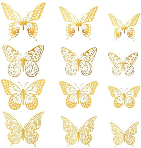 fKiZanthene Décoration Murale Papillon 3D Doré Lot De 48 Pièces Autocollants Muraux DIY Papillons Métalliques Pour Chambre Salon Mariage Et Fête