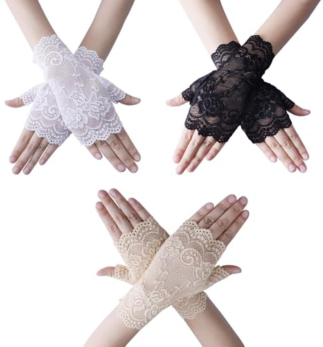 TRKETK 3 Pairs Lace Gloves Flower Pattern Bridal Gloves Elegant Women Short Lace Costume Accessories Classic Floral Design for Wedding Tea Party Cosplay Costume Opera Evening (3 Colors)