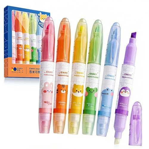 ENLACE 6 färger överstrykningspenna suddbar set 1~5 mm, raderbara överstrykningspennor, pastell överstrykningspennor för barn vuxna studenter skola kontorsmaterial – kilspets för fina eller bredare