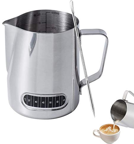 Milk Jug with Thermometer,600Ml Stainless Steel Milk Frothing Pitcher and Latte Art Pen for Coffee for Making Latte Coffee Cappuccino