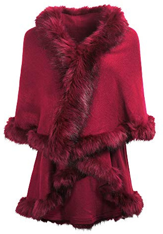ZLYC Women's Fine Knit Cape Cardigan with Faux Fur Trim Layers Poncho (Red),One Size