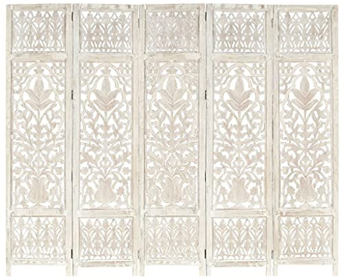 vidaXL Solid Mango Wood Hand carved 5-Panel Room Divider Room Partition Decorative Wooden Screen Folding Privacy Screen White 200x165cm