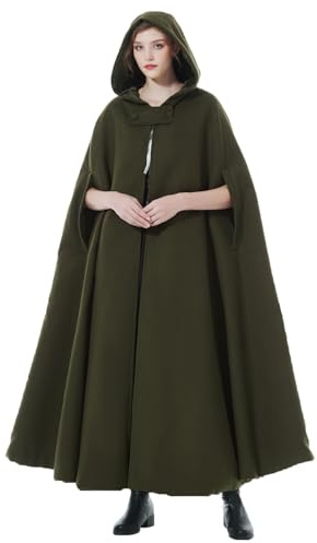 BEAUTELICATE Hooded Cape Cloak Long For Women Bride Winter Wedding Wool-Blend Poncho Medieval Halloween Christmas Cosplay Costume Khaki Green Full Length