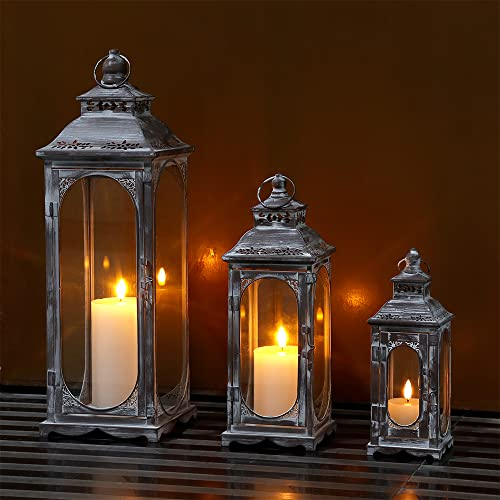 TRIROCKS Set di 3 Lanterne Vintage per Candele 26/35/50 cm Alte, Supporto in Metallo Decorativo con Vetro Temperato per Casa, Giardino, Eventi Interno Esterno (Grigio Cemento)