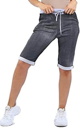 Chilgoza ew Italian Ladies Women's Elastic Waist Cotton Turn Up Shorts Size UK Fit 8-22 (Charcoal, 20-22)