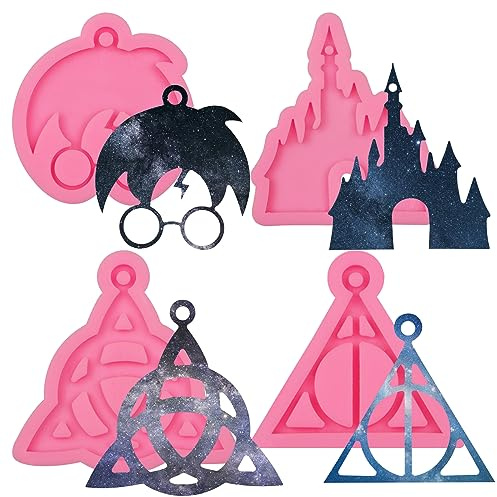 Glossy Magic Boy Keychain Silicone Mold 4 Pcs, Castle Epoxy Resin Casting Molds Shiny Anime Magic Symbol Silicone Molds for DIY Crafts, Necklace, Pendant, Decorations with Key Chains