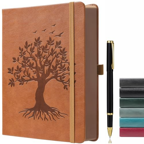 ZXHQ B5 360 Pages Lined Journaling Notebooks with Pen, Journals for Women Men Writing Notebook, Tree of Life Design, Brown Edge, Fine Inner Pocket - Light Brown