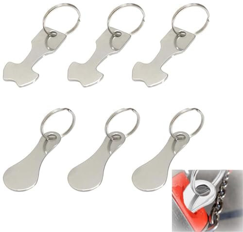 6 Pezzi Portachiavi per Carrello della Spesa in Acciaio Inossidabile - Due Modelli di Gettoni Rimovibili