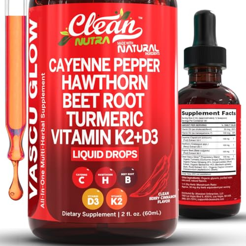 Clean Nutra Cayenne Pepper Drops Supplement Liquid + Hawthorn Berry, Vitamin D3 K2 Beet Root Powder, Ceylon Cinnamon, Turmeric Curcumin, Organic Panax Ginseng, Berberine Extract 1 Pack