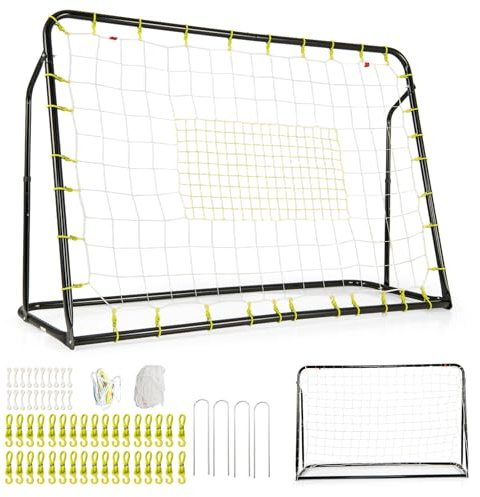 COSTWAY 2-i-1 Fotbollsmål och Rebounder för Trädgård, Höjdjusterbar Med Metallram och 2 Nät, Väderbeständig Träningsgrind för Barn Från 6 År
