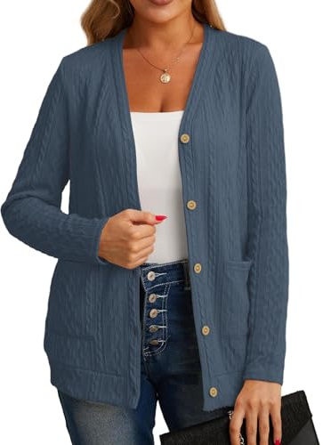Grecerelle Cardigan léger à manches longues et col en V boutonné en maille côtelée, ouvert sur le devant avec poche, pour femme, bleu jean, L