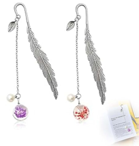 Marcadores,Marcapaginas Separador de Libro, 2PCS Marcapáginas de Hojas de Plumas de Metal con 3D Colgante de Flor Seca Eterna de Cuentas de Vidrio, Regalo para Profesora Lectores Mujeres y Niños