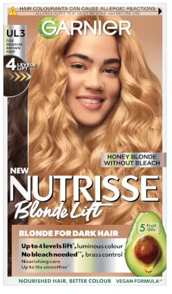 Garnier Nutrisse Blonde Lift Permanent Hair Dye, UL3 Honey Blonde Lift | Up to 100% Grey Coverage, 4 Levels Of Lift, Rich Long Lasting Colour, 5x Stonger Hair, 2x Shiner Hair, No-Ammonia, Vegan