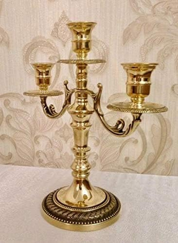 Mässing antik ljusstake ljusstake 3 armad guld 26 cm massiv kandelaber