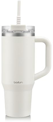 Bodum Travel Mug Tumbler 1,2 L Winter White – Bouteille en métal blanche avec paille, poignée et couvercle – Passe au lave-vaisselle – Pour boissons froides et café chaud