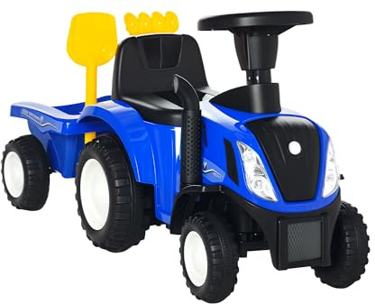 HOMCOM Porteur Tracteur Enfants avec Coffre Amovible, râteau et Pelle, Voiture Enfants avec lumière LED, klaxon et Volant, Charge 25 kg, pour 1-3 Ans, Bleu