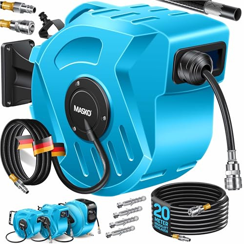MASKO Enrollador automático de manguera de aire comprimido de 20 m – Carrete de manguera con conexión de 1/4, soporte de pared, asa, giratorio 180°, freno de manguera, premontado y listo para usar