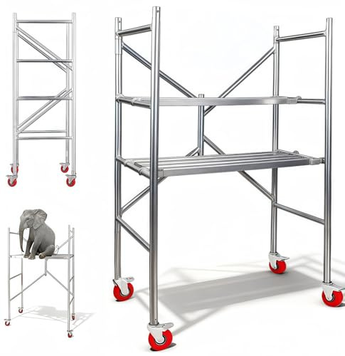 Scaffolding Work Platform, 65 Tall Rolling Scaffolding with Wheels, Scaffold for Building Construction, Interior Painting, Home Improvement, 500LBS Capacity, Silver, 46 W×65 H