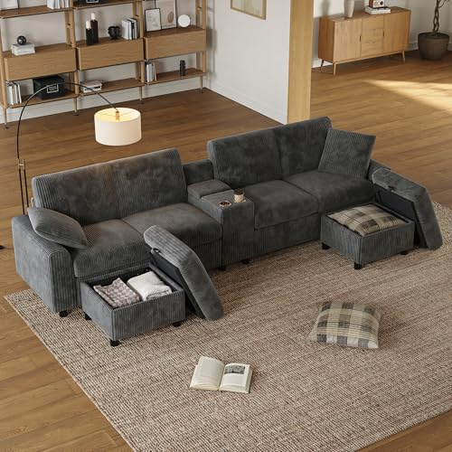 Divano in Velluto a Coste a U con Due Poggiapiedi Contenitori, Tavolino da caffè, Due Portabicchieri, Porta USB eType-C, 2 Prese di corrente, Divano del Soggiorno Sofa 315x135x81cm, Velluto a coste