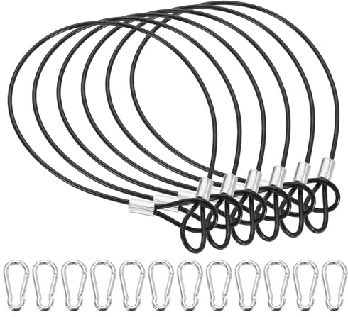 PATIKIL 12 Inch Safety Cable Lock, 6 Pcs 304 Stainless Steel Security Wire Ropes Double Loop Anti-Theft Safety with 12 Spring Buckles for Bicycles Luggage Stage Lighting, Black