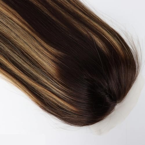 Äkta människohår silkebas och spets främre höjdpunkter, blond brun 4/27, sidentopp, jungfruhår med klämmor hårprydnad för kvinnor (50 cm)