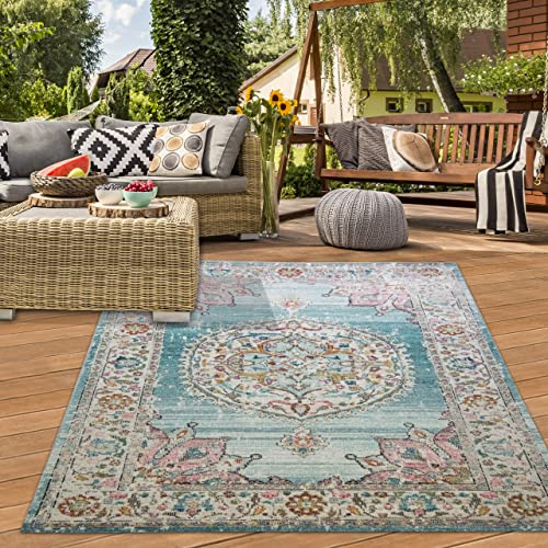 Teppich-Traum Orientalisk vintage-vardagsrumsmatta för inomhus och utomhus, för terrasser, med färgglada turkosa blommotiv, storlek 160 x 230 cm