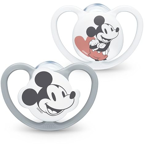 NUK Space Schnuller | 0–6 Monate | Schnuller mit extra Belüftung | BPA-freies Silikon | Disney Mickey Maus | grau und weiß | 2 Stück