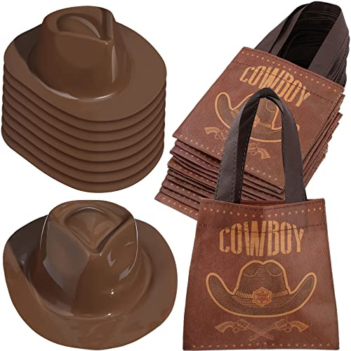 SATINIOR 24 Pcs Plastic Cowboy Hats for Kids Set Western Party Favors with Cowboy Gift Bags Bulk Brown Baby Toddler Hats Decorations Candy Goodie Bags Birthday Rodeo Supplies