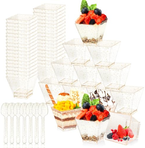 ASelected 100Pcs Mini Plastic Dessert Cups with Spoons, 60ml, 2oz Small Gold Glitter Square Dessert Cups Appetizer Cups Great for Desserts, Chocolate, Puddings, Mousse (5x5x4.5cm)