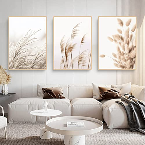 Trayosin 3er Premium Poster Set, Moderne Wandbilder,Bilder Wohnzimmer Deko Schlafzimmer,Beige Boho Pampasgras Bilder,ohne Rahmen (B,50x70cm)