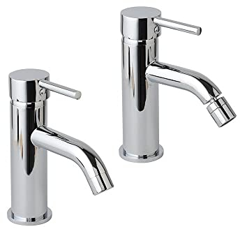 Kiamami Valentina - Set Rubinetti Bagno in Ottone Cromato | Miscelatore per Lavabo e Bidet | Altezza 17,2cm, Diametro 5,2cm | Rompigetto e Piletta Click Clack, Cromato, Ottone