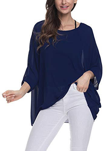 Max Hsuan Women Bohemian Floral Printed Blouse Batwing Sleeve Plus Sheer Chiffon Oversize Loose Top Tunic Tops Navy