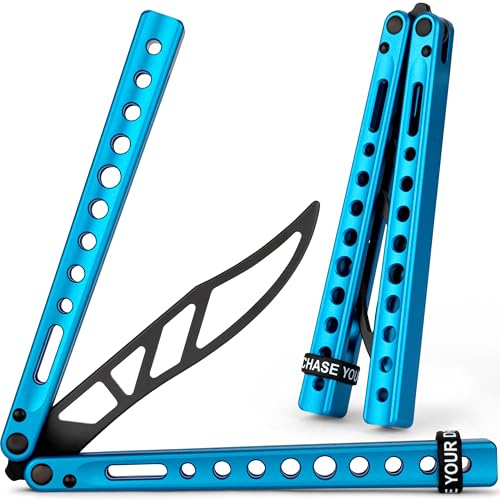 MAJESTY FOREST® Entrenador profesional de mariposas - Fabricado con CNC a partir de aluminio - Cuchillo mariposa legal con hoja roma como cuchillo de entrenamiento - Incluye accesorios (Blue)