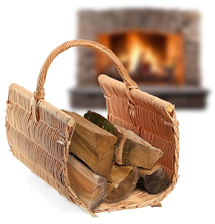 KADAX Panier de transport en bois, panier à bûches de cheminée, en osier, décoratif, avec poignée de transport, couleur naturelle pour bois, 40 x 50 x 35 cm